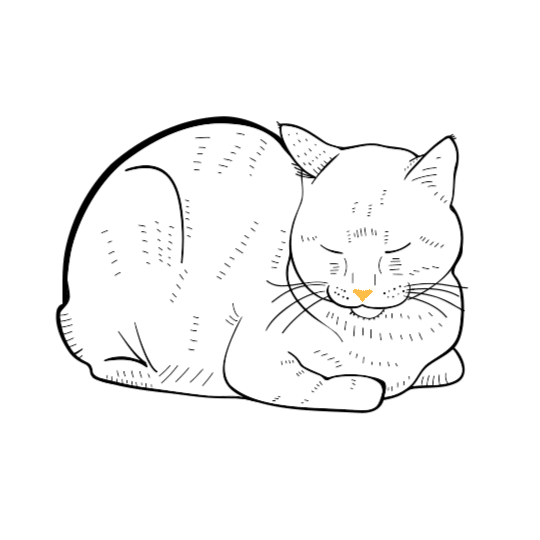Line drawing of a cat laying with their eyes closed and one ear twitching.
