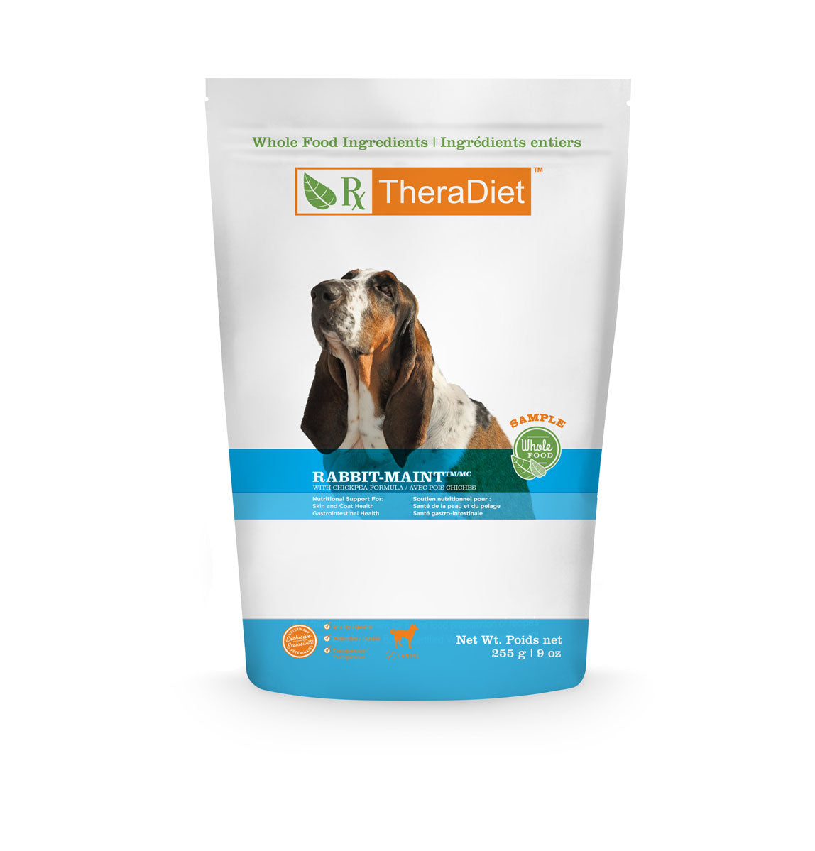 Front view of a canine treat sample bag.